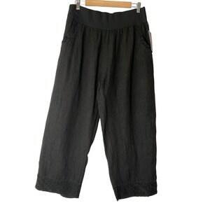 New Ornella Italian Black Linen Wide Leg Pull On Pants Eyelet Lace Pockets XXXL‎